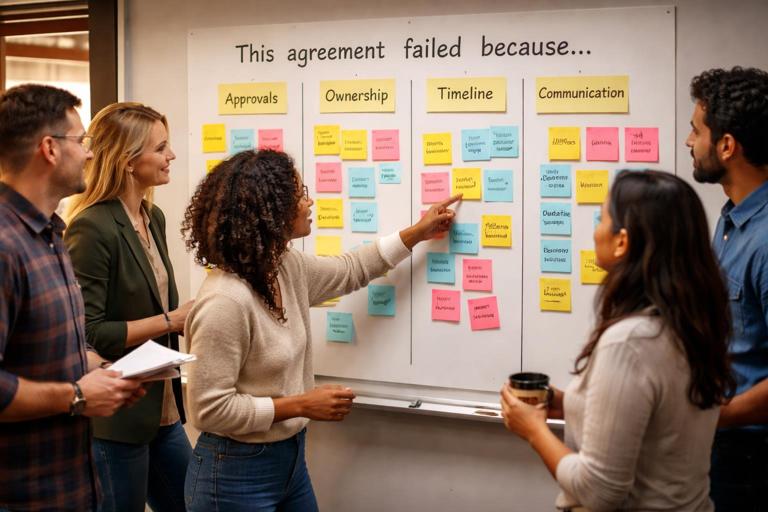A team workshop scene with sticky notes on a wall under a header This agreement failed because..., grouped into themes like approvals, ownership, timeline; professional modern office, candid documentary photo style, warm lighting