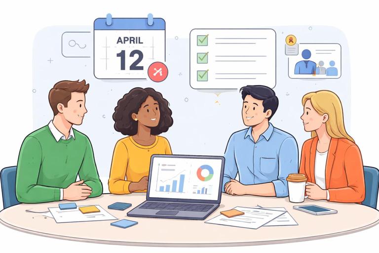 Editorial illustration of a cross-functional team planning a dashboard delivery: people around a table with a laptop showing charts, a calendar marked April 12, a checklist for metrics X Y Z, and a small training session icon; modern flat corporate style, clean lines, no text.