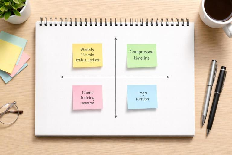Illustration of a simple 2x2 prioritization matrix on a notebook page labeled Cost to you vs Value to them, with sticky notes like weekly 15-minute status update and compressed timeline; clean minimal business style, top-down desk view, no text.