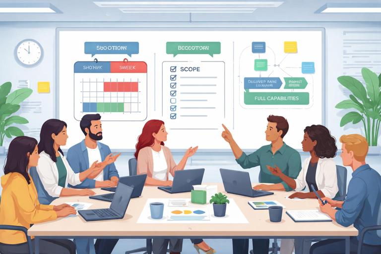 Scene of two cross-functional teams negotiating a tight integration deadline: a calendar with a two-week request vs five-week plan, a scope checklist, and a whiteboard showing partial delivery then full capability; modern office illustration, clean flat style, no text.