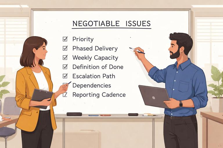 Illustration of an internal negotiation workshop: product or compliance lead and engineering lead at a whiteboard listing negotiable issues (priority, phased delivery, weekly capacity, definition of done, escalation path, dependencies, reporting cadence). Professional office setting, minimal flat design, clear labels, warm neutral colors.