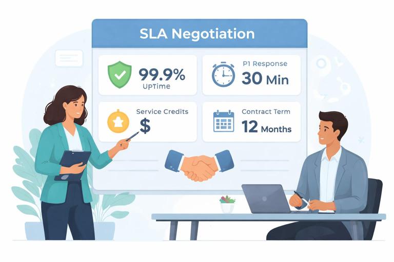 Illustration of a vendor SLA negotiation: operations lead and vendor account manager reviewing a dashboard showing 99.9% uptime, P1 30-minute response, service credits, and contract term. Clean business infographic style, modern flat vector, calm colors.