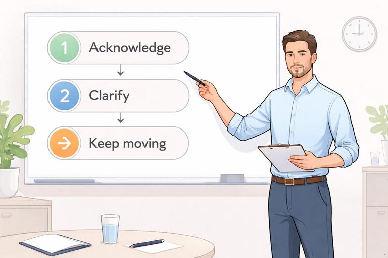 Illustration of a calm professional negotiator at a whiteboard presenting a simple three-step framework labeled Acknowledge, Clarify, Keep moving; minimal modern office setting; clean infographic style; soft neutral colors; clear readable headings; no quotes; no logos.