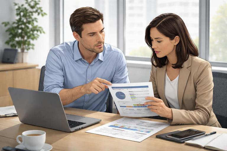 Office meeting scene between IT lead and business partner reviewing a project budget and phased rollout plan on a laptop and printed one-pager; professional, realistic illustration; neutral corporate setting; focused expressions; no brand names; no quotes.