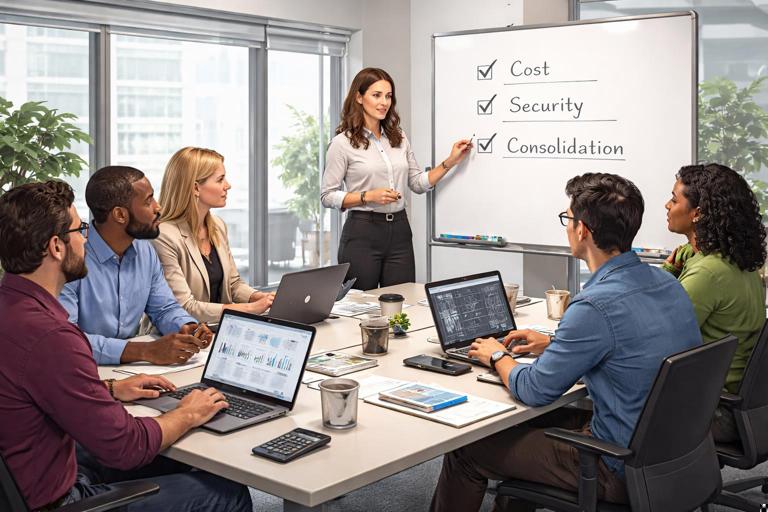 Cross-functional meeting with finance and engineering teams discussing software tools; whiteboard shows shared criteria list: cost, security, consolidation; collaborative atmosphere; modern office; realistic illustration; no brand names; no quotes.