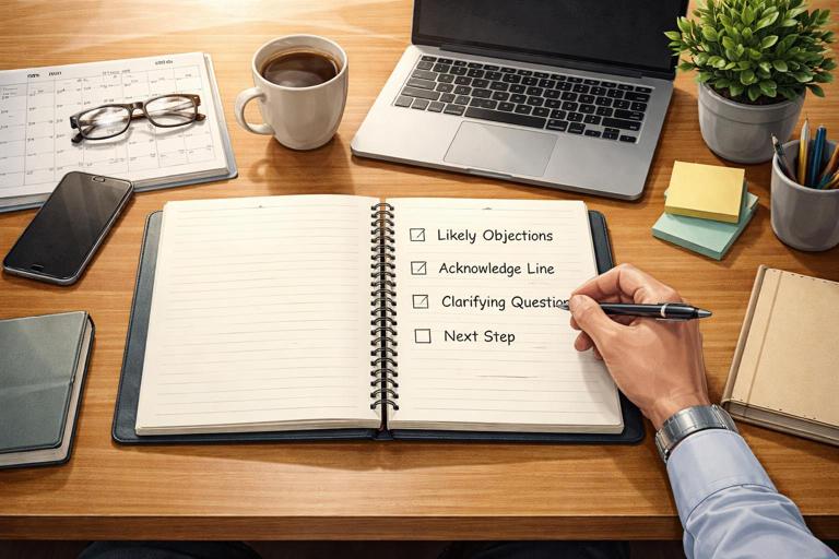 A professional preparing for a meeting with a notebook open to a checklist: likely objections, acknowledge line, clarifying questions, next step; nearby calendar and laptop; calm, organized workspace; realistic illustration; no quotes; no logos.