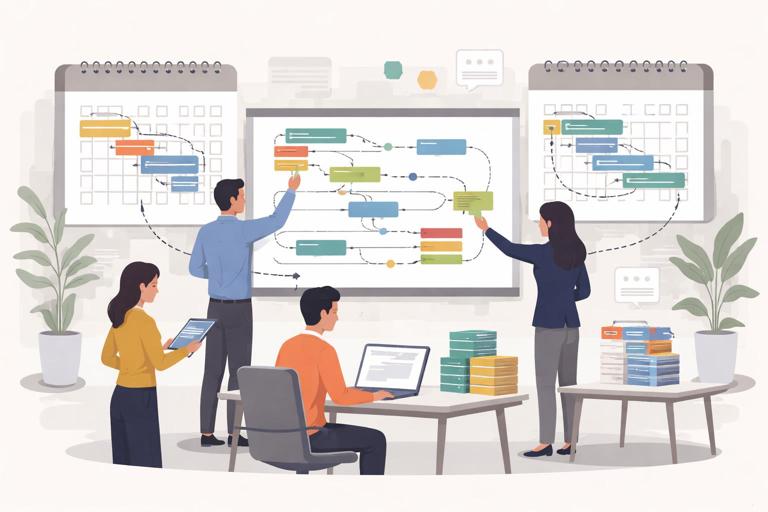 Illustration of an office planning scene with overlapping calendars, dependency arrows between teams, a shared roadmap on a whiteboard, and subtle workload indicators (stacked tasks), modern flat style, neutral corporate color palette, no text.