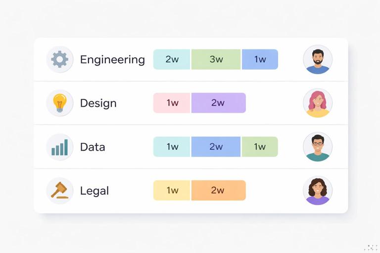 Diagram-style illustration of a cross-functional project plan listing inputs and owners: engineering, design, data, legal; each with time estimates; clean modern vector style, no text, subtle icons for each function, neutral background.
