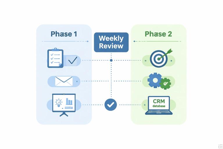 Two-phase project plan visual: Phase 1 and Phase 2 columns with scoped tasks, a weekly review gate between them, clean business infographic style, simple icons (checklist, email, training deck, CRM), no text.