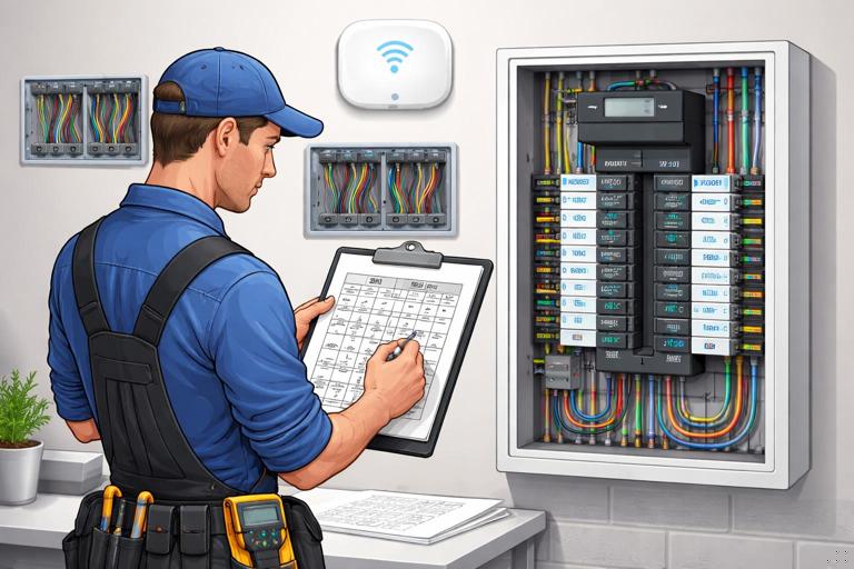 Illustration of a smart home electrical planning scene: an electrician reviewing a panel schedule and wiring diagram on a clipboard, with a modern electrical panel, labeled circuits, smart breakers, multi-gang switch boxes, and a Wi-Fi access point shown in the background; clean technical style, well-lit, realistic.