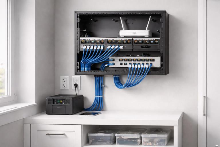 Realistic technical illustration of a smart home structured wiring area: wall-mounted network rack with router, switch, patch panel, labeled Ethernet cables, nearby electrical receptacles, optional UPS, and a tidy organized cabinet; clean modern residential utility room setting.