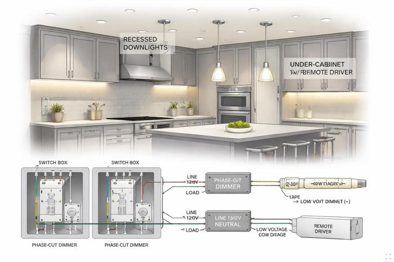 Illustration of a kitchen lighting plan with three fixture types: recessed downlights, pendant lights over an island, and under-cabinet LED tape with a remote driver; include a simple wiring concept showing separate dimming channels (phase-cut and 0-10V) and labeled neutrals in switch boxes; clean technical yet realistic style.