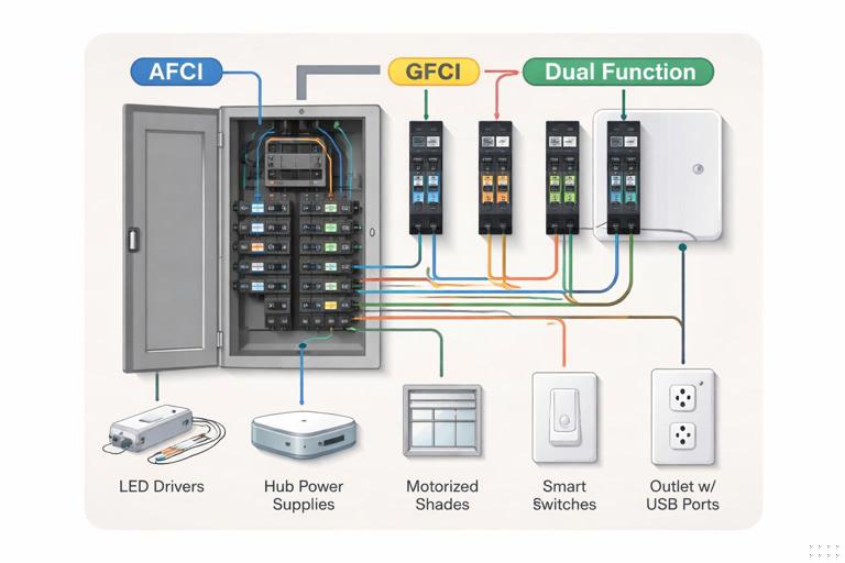 Illustration of a modern smart home electrical panel and branch circuits with labeled AFCI, GFCI, and dual-function breakers, plus typical smart-home loads (LED drivers, hub power supplies, motorized shades) shown as icons; clean technical infographic style, neutral background, high clarity, no text.