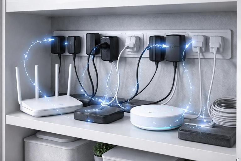 Photo-realistic scene of a smart-home utility shelf with many power adapters, router, hub, PoE injector, and cables, with a subtle overlay concept of small leakage currents adding up; clean modern home utility closet, no text.