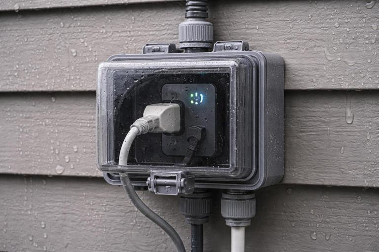 Outdoor weatherproof electrical box with in-use cover and smart controller, showing proper gasket sealing and wet-location rated fittings; realistic photo style, overcast lighting, no text or labels.