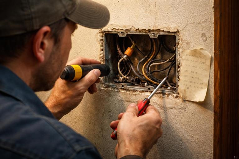 Documentary-style photo of an electrician inspecting an open metal switch box in an older plaster wall, showing cloth-insulated wires, shallow box depth, mixed wiring methods, and a handwritten circuit note nearby; warm indoor lighting, realistic, high detail, no text.
