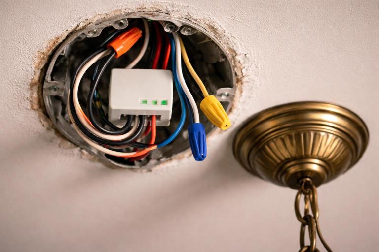 Realistic close-up of a ceiling light junction box in an older home with a compact smart relay module installed, neatly spliced conductors with wire connectors, labeled conductors, and a vintage ceiling canopy nearby; natural indoor lighting, high detail, no text.