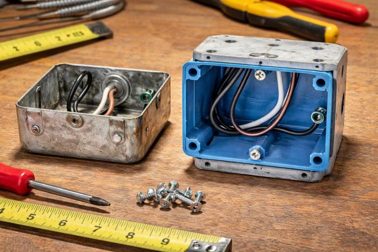 Photo-realistic comparison of an old shallow metal switch box and a deeper old-work box with an extension ring on a workbench, showing wires, device screws, and measuring tape; clean workshop lighting, high detail, no text.