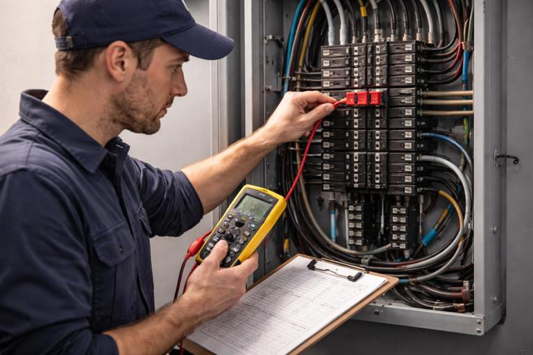 Realistic electrician testing an electrical panel with a multimeter, showing a handle-tied double breaker, labeled circuits, and notes on a clipboard; indoor lighting, sharp focus, high detail, no text.