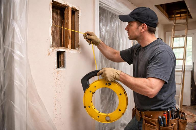 Photo-realistic scene of an electrician fishing a cable down a stud bay in an older home, with an old-work box opening cut in plaster, a fish tape, and attic access visible; dust control plastic sheeting, high detail, no text.