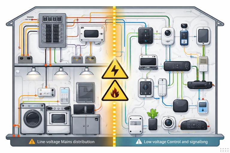 Illustration of a modern smart home wiring diagram split into two clearly separated zones: line-voltage mains distribution (breaker panel, 120/240VAC) and low-voltage control/signaling (5–48VDC, 24VAC HVAC, Ethernet), meeting at a highlighted boundary with warning icons for shock and fire, clean technical infographic style, high contrast, no text labels