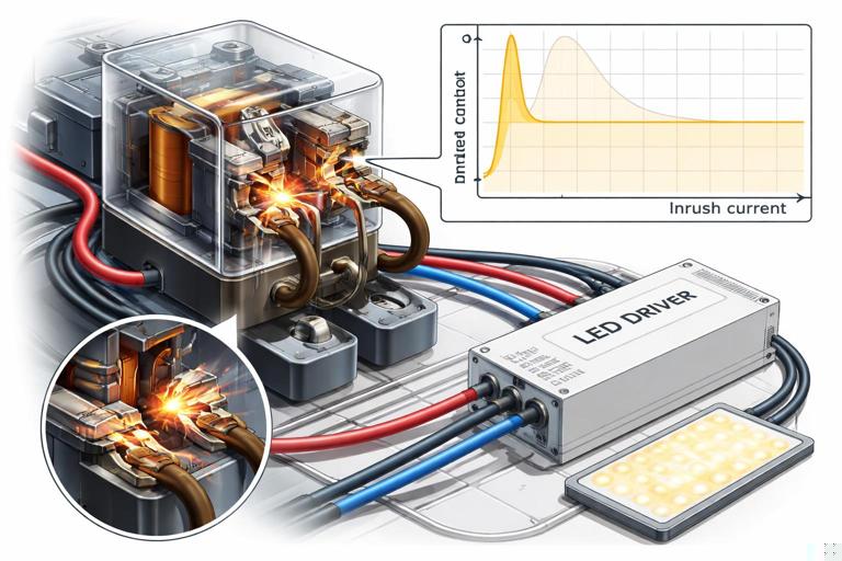 Technical close-up illustration of a relay or contactor switching an LED driver with a visible inrush current spike graph, showing overheated or welded contacts as a warning, clean engineering infographic style, no text