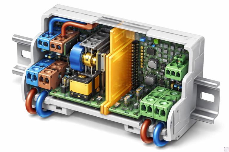 Cutaway technical illustration of a smart relay module showing clearly separated compartments and terminals: mains L/N in and out on one side, SELV control terminals on the other, internal isolation barrier, DIN-rail mounting, clean realistic engineering render, no text