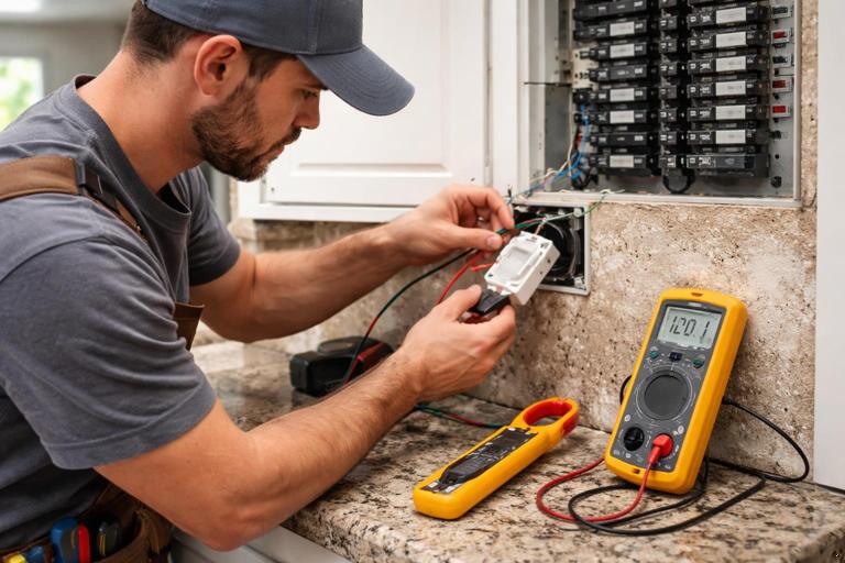Photo-realistic image of an electrician on a residential jobsite performing smart home commissioning: open device box and a small smart switch, using a digital multimeter and a clamp meter, with labeled breakers in the background, natural worksite lighting, high detail, no text overlays.