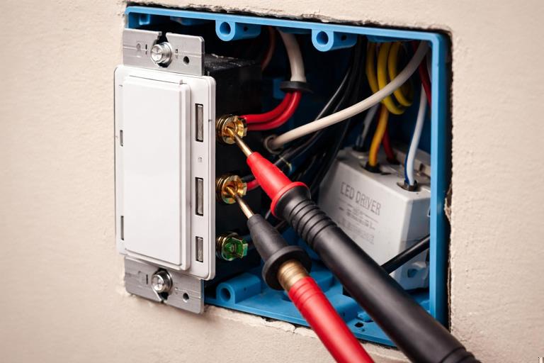 Close-up realistic scene of a smart wall switch wiring in an electrical box, a multimeter probe measuring at the load terminal, with an LED driver and wires visible, illustrating ghost voltage troubleshooting, sharp focus, neutral indoor lighting, no text overlays.