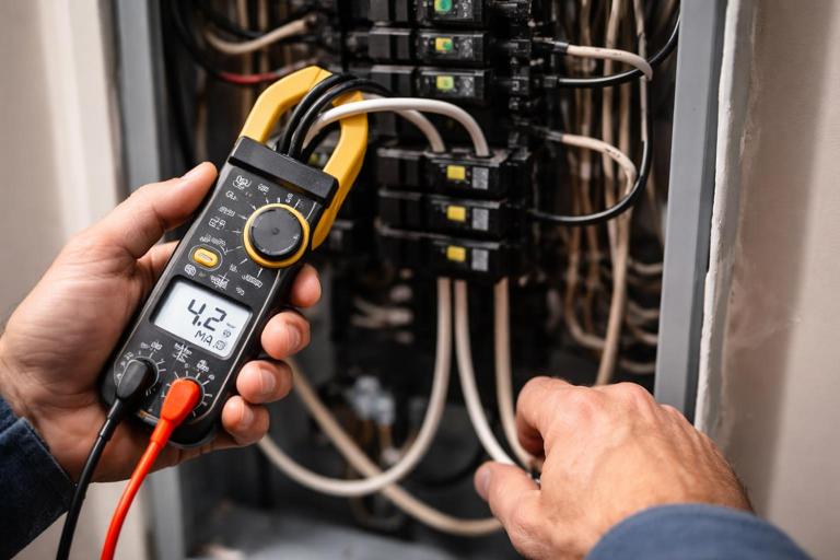 Realistic close-up of a clamp meter measuring leakage by clamping around both hot and neutral conductors of a single circuit, with a GFCI breaker panel visible in the background, electrician hands, clear meter display, indoor residential setting, high detail, no text overlays.