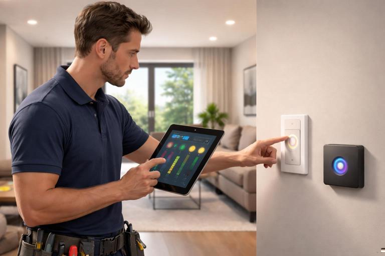 Illustration of a technician troubleshooting smart home lighting, with a wall dimmer and a tablet showing a test sequence, clean modern interior, neutral lighting, realistic style, no text