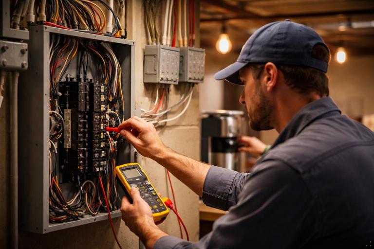 A home electrical panel and junction boxes with an electrician using a multimeter while another person turns on an appliance, lights in background, realistic documentary style, no text