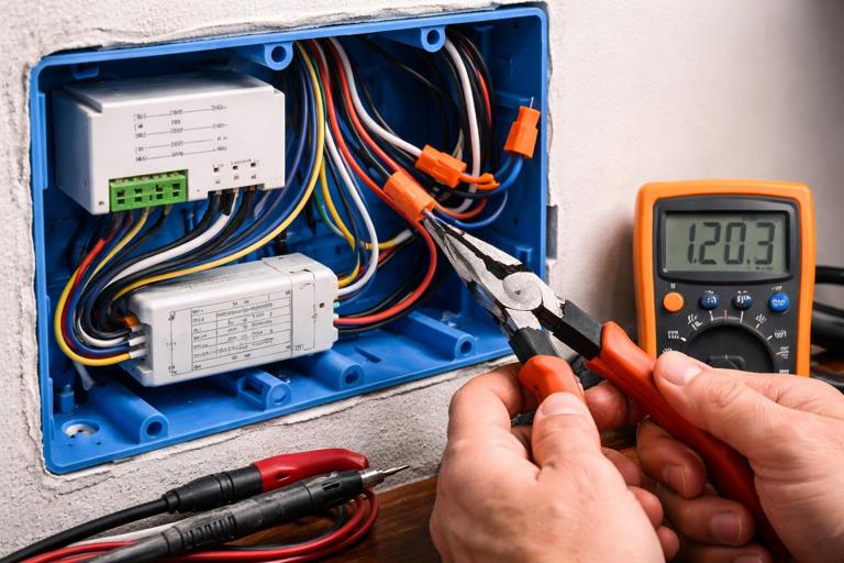A smart home relay module and LED driver wiring inside a junction box, electrician re-terminating a loose splice, multimeter nearby, realistic close-up, no text