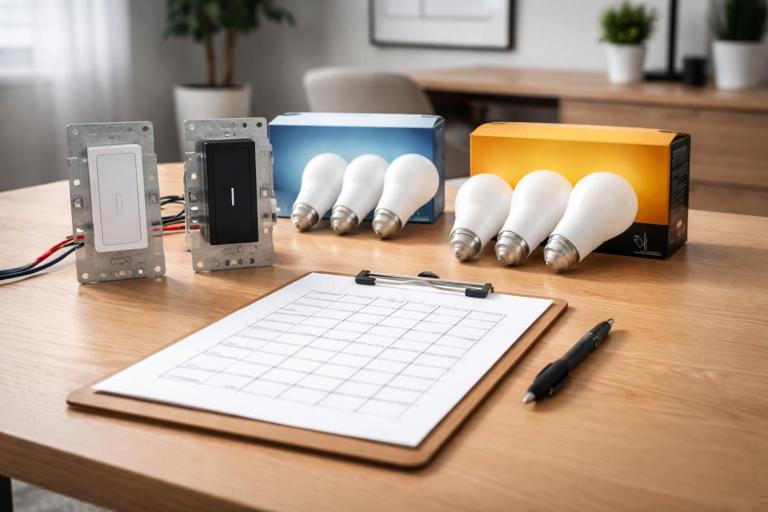 On-site compatibility testing setup: two different smart dimmers, a set of LED bulbs from two brands, a clipboard with a simple matrix chart, modern room, realistic style, no text
