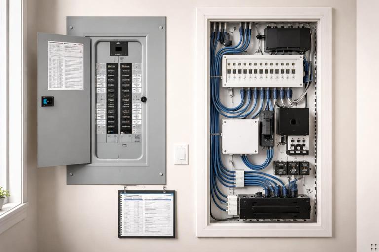 A clean, well-organized residential electrical panel and adjacent structured wiring area in a modern smart home, with neatly routed cables, printed labels, a tidy panel directory, a small binder or laminated quick-start sheet nearby, realistic lighting, documentary photo style, high detail