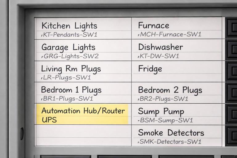 Close-up of a residential electrical panel directory label with neat printed circuit names and a second line listing smart load IDs like KT-Pendants-SW1, alongside a label reading Automation Hub/Router UPS, crisp realistic photo, high detail, neutral background