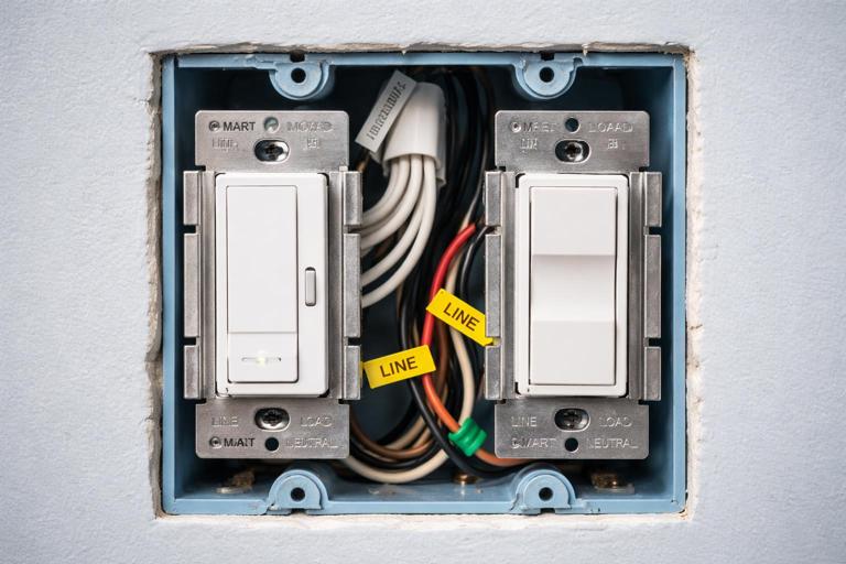 Inside an open two-gang electrical box showing a smart dimmer and smart switch with neatly bundled neutral wires and clean pigtails, labeled conductors, professional workmanship, realistic close-up photo, high detail, shallow depth of field