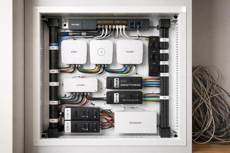 A neatly organized smart home control cabinet with labeled hubs and power supplies, Velcro cable management, wire duct, and clear space for expansion, contrasted against a subtle hint of messy cables avoided, realistic photo style, high detail