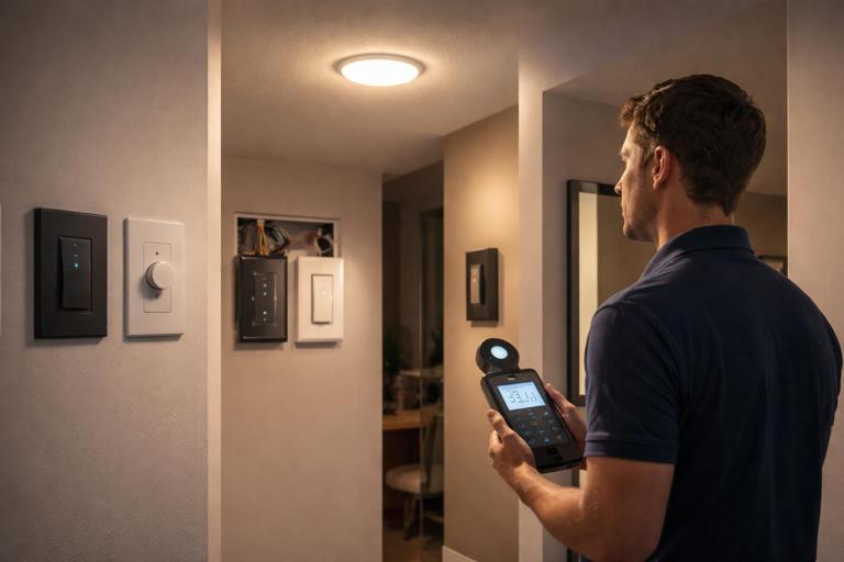 Photorealistic interior of a home with several modern wall dimmers from different styles on adjacent walls, a technician holding a light meter or tablet while observing an LED fixture subtly flickering at low brightness, evening ambient light, realistic wiring context implied, high detail, no brand logos.