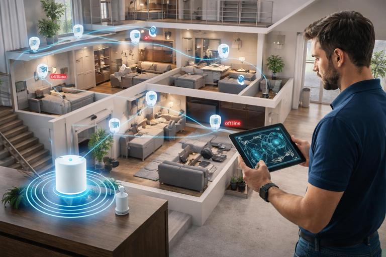 Photorealistic floorplan-style visualization overlay on a large home interior: a central smart home hub on a shelf, icons representing repeaters and battery sensors across multiple rooms and floors, a technician walking with a tablet showing mesh signal paths and offline indicators, realistic modern home, high detail, no brand logos.