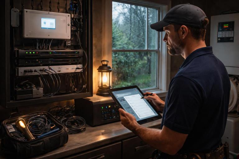 Photorealistic scene after a storm: a home interior with a technician checking a smart home hub and network gear, a generator transfer switch or battery backup unit visible in the background, a tablet showing schedules and device statuses, moody post-storm lighting through a window, high detail, no brand logos.
