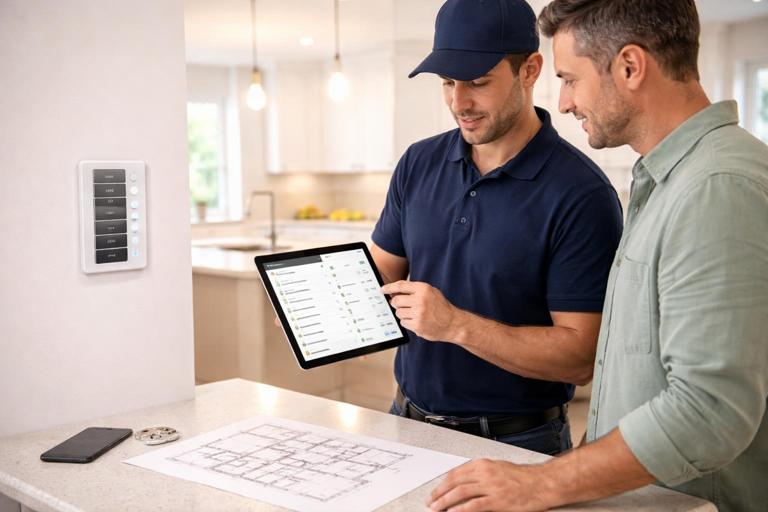 Photorealistic scene of a new construction smart home handoff: an installer and homeowner reviewing a tablet app with a long list of device names and room zones, printed floor plan on a kitchen counter, wall keypad with multiple buttons nearby, bright clean new home interior, high detail, no brand logos.