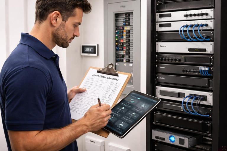 Photorealistic montage-style scene of a professional smart home technician using a printed checklist on a clipboard while holding a tablet with a commissioning app, standing near an electrical panel and a network rack, clean organized workspace, clear labels on devices, high detail, no brand logos.