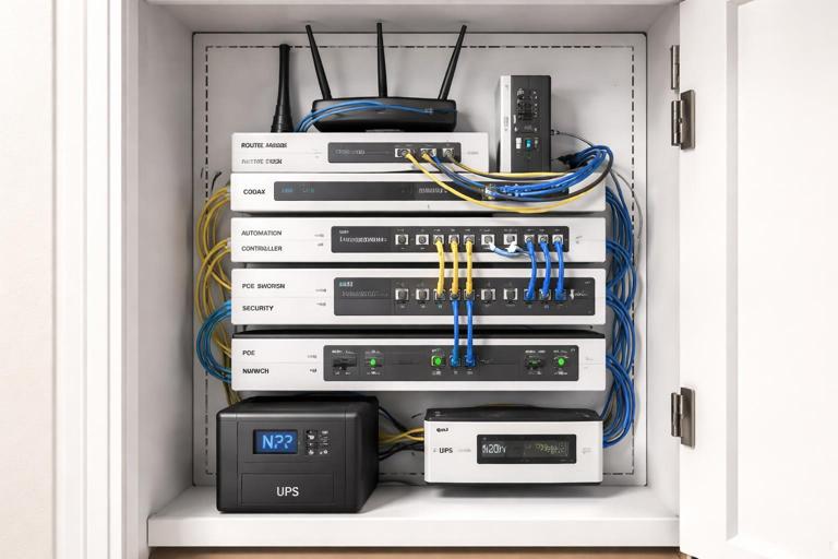 Illustration of a structured media cabinet for a smart home: router, modem, automation controller, PoE switch, and NVR neatly mounted with labeled cables and a small UPS; clean realistic style, indoor closet setting, technical but friendly look.