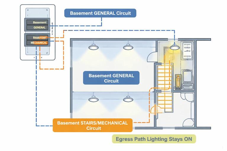 Diagram-style illustration of a home electrical plan showing basement lighting split into two circuits: Basement general and Basement stairs/mechanical; highlight egress path lighting remaining on; clean vector style, labeled breakers and circuits, instructional look.