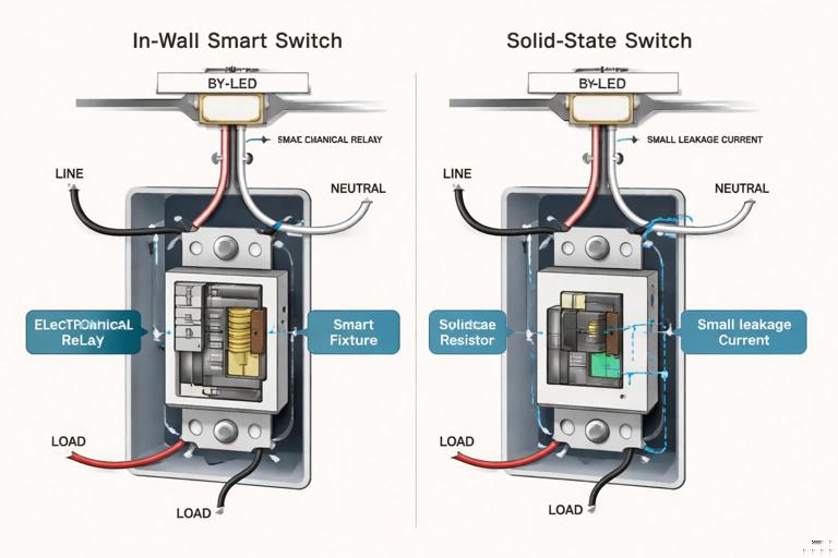 Cutaway illustration of an in-wall smart switch comparing an electromechanical relay versus a solid-state switch, showing line and load terminals, small leakage current path in solid-state design, and a bypass resistor at an LED fixture; clean technical infographic style, neutral background, high clarity labels, no brand logos.