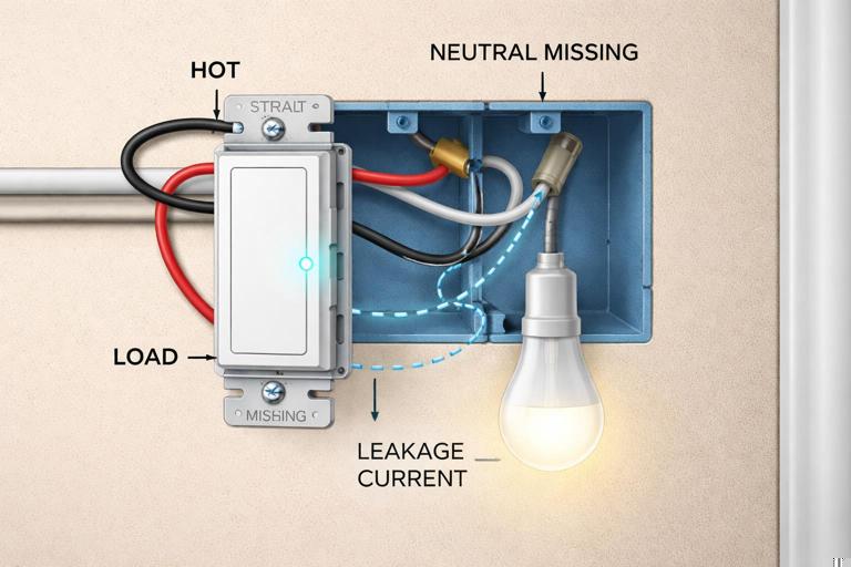 Illustration of a smart light switch installed in a wall box without a neutral conductor, showing a small leakage current path through an LED lamp load causing faint glow or flicker; clean technical diagram style, labeled hot, load, neutral missing, and current arrows; indoor residential wiring context.