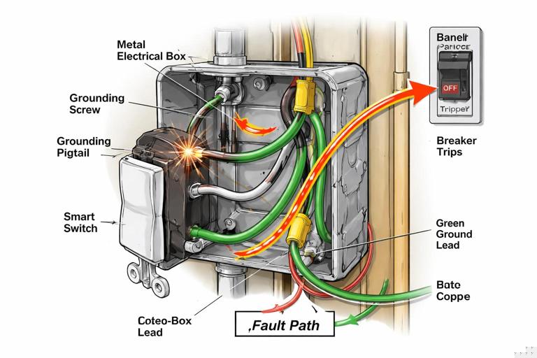Cross-section illustration of a metal electrical box with grounding screw and grounding pigtail bonding the box, plus a smart switch with green ground lead connected to a ground splice; show fault path concept with arrows from hot-to-box contact to breaker trip; clean instructional technical drawing, labeled components.