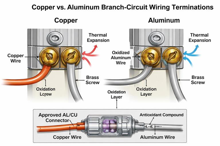 Technical illustration comparing copper vs aluminum branch-circuit wiring terminations: show oxidation layer on aluminum, thermal expansion arrows, and an approved AL/CU connector with antioxidant compound; clean educational diagram, neutral background, labeled parts.