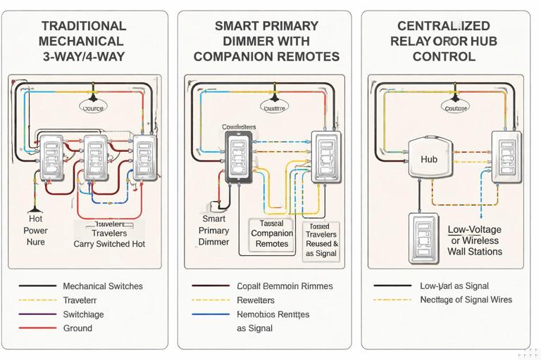 Illustration comparing three lighting control conversions: (1) traditional mechanical 3-way/4-way with travelers carrying switched hot, (2) smart primary dimmer with companion remotes using repurposed travelers as signal, (3) centralized relay or hub control with low-voltage or wireless wall stations. Clean technical infographic style, labeled boxes, line and load paths, neutral background, clear color-coded conductors.